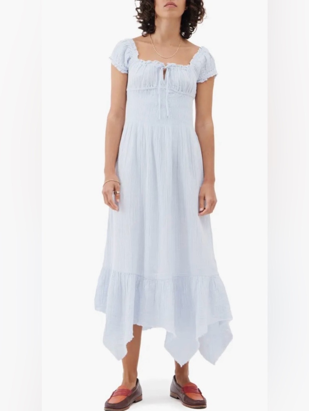 Urban Outfitters Pale Blue Puff-Sleeve High-Low Midi gauze Dress